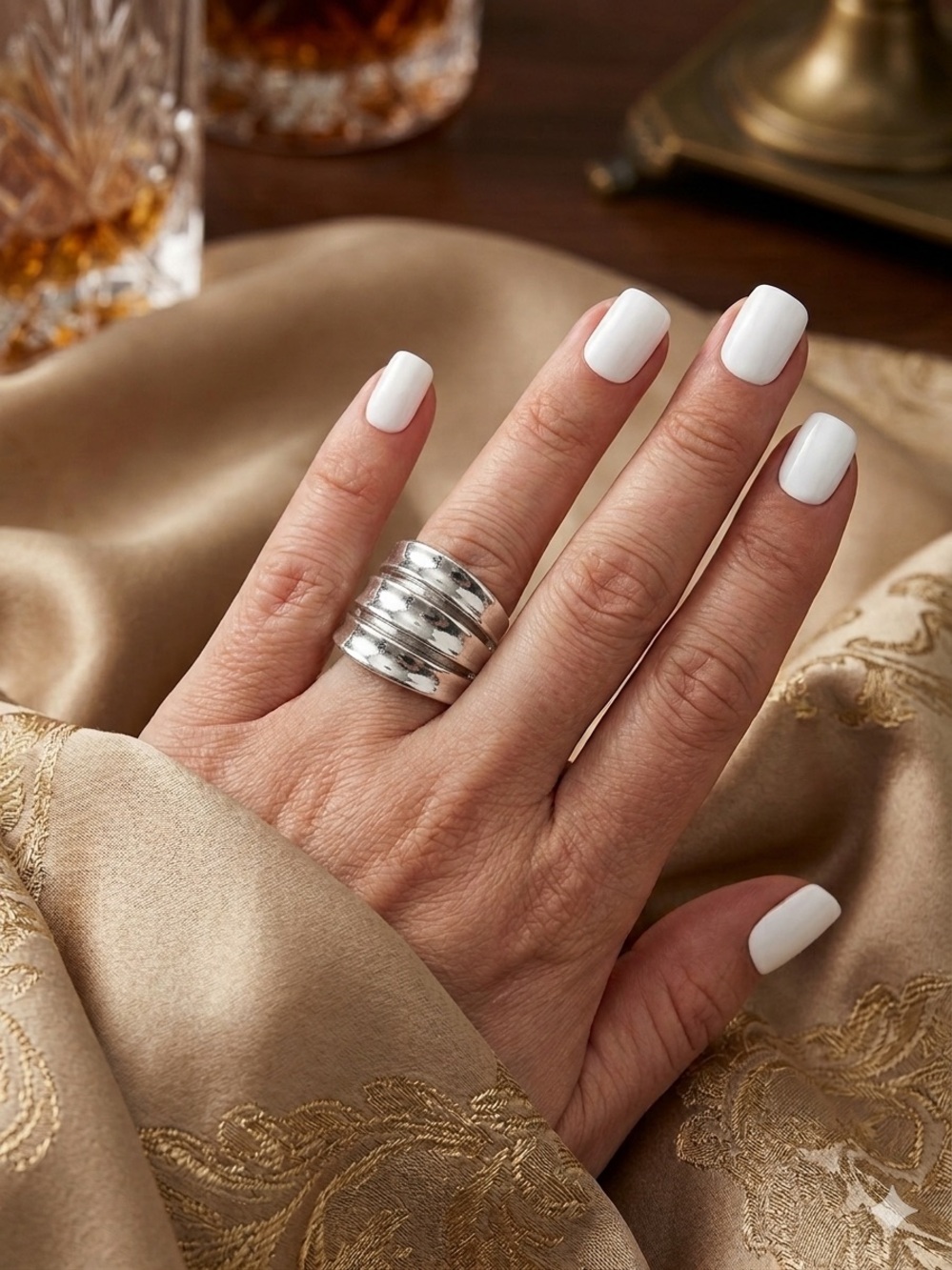 Wide Multi-Band Silver-Tone Statement Ring.